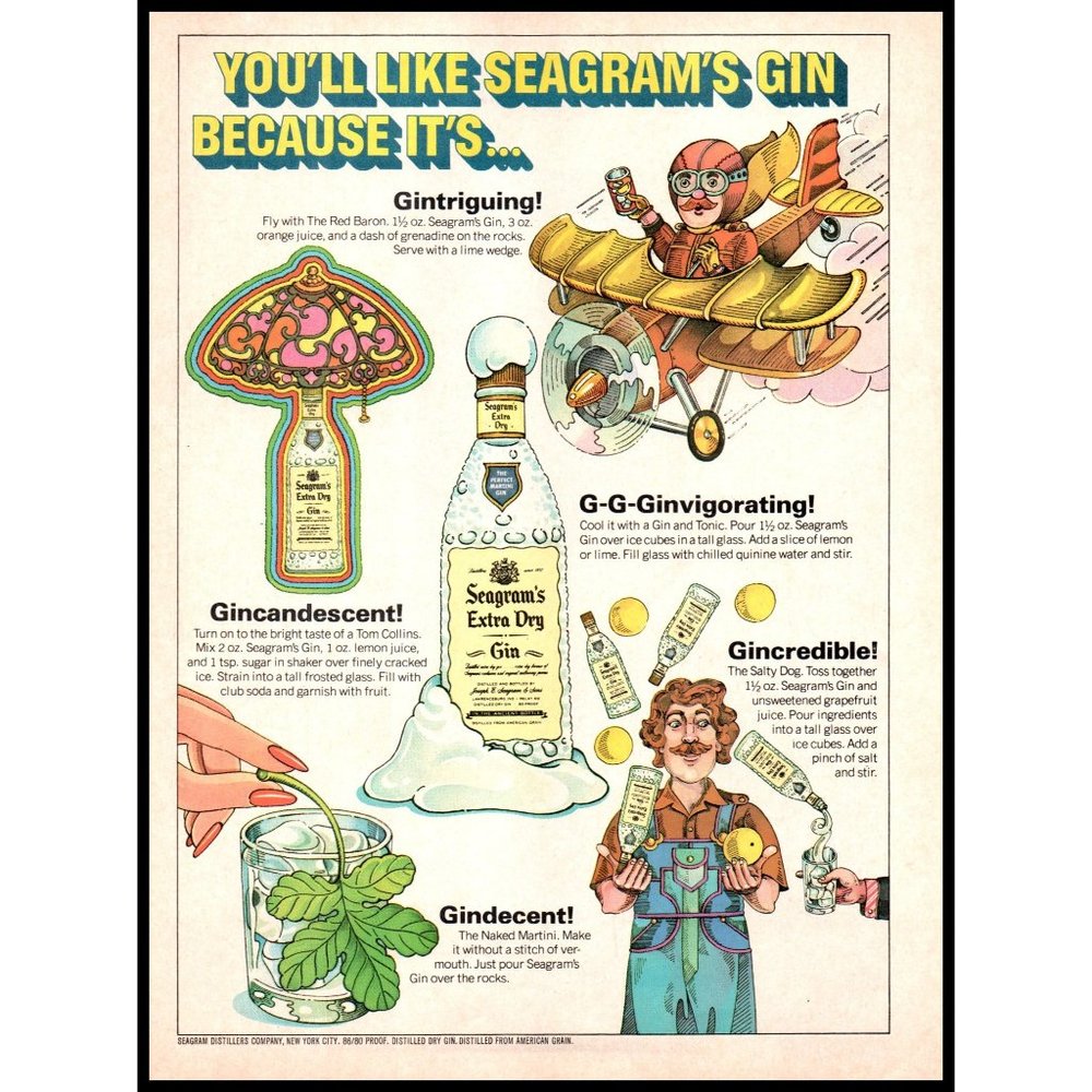 1977 Seagram's Extra Dry Gin Vintage Print Ad Cartoon Drawings Biplane Wall Art
